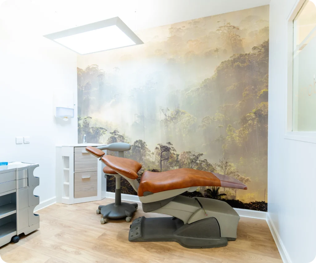 Fauteuil de soins devant une fresque murale de paysage