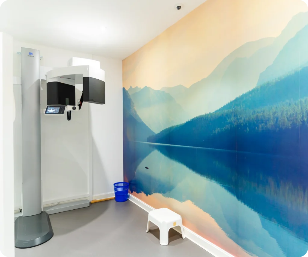 Salle de radiologie du cabinet, devant une fresque de lac de montagne